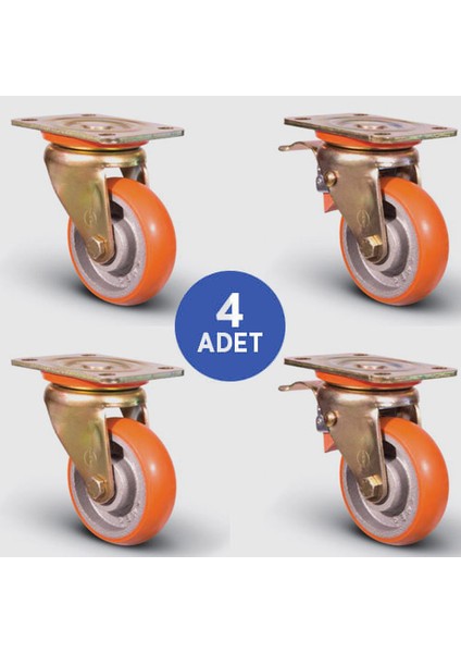 2 Adet ED01VBPB200 Döner Tablalı + 2 Adet ED01VBPB200F Döner Tablalı Frenli Balıksırtı Poliüretan Kaplı Tekerlek ÇAP200 Ağır Tip Rulmanlı Taşıma Arabası Tekerlek Seti 2XED01VBPB200+2XED01VBPB200F