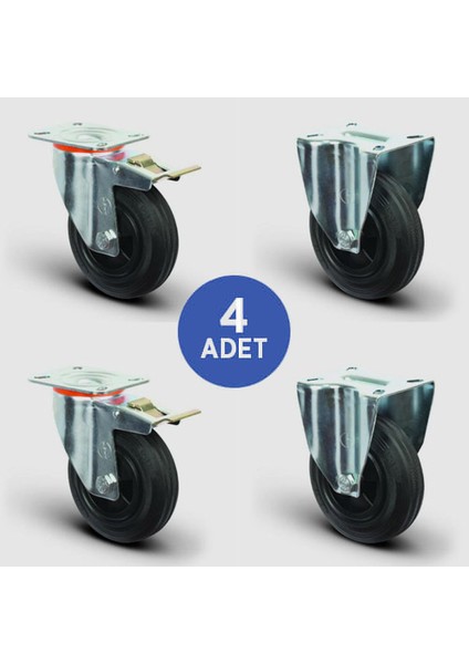 2 Adet EM01MKR100F Döner Tablalı Frenli + 2 Adet EM02MKR100 Sabit Maşalı Plastik - Kauçuk Tekerlek ÇAP100 Taşıma Arabası Tekerlek Seti 2XEM01MKR100F+2XEM02MKR100