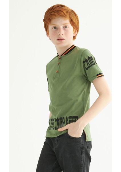 ZepkidsErkek Çocuk Yakası Düğmeli Kolları Camp Keep Baskılı Tshirt 8-12 Yaş
