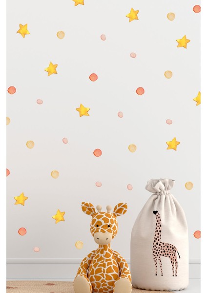 Soft Renklerde Yıldız ve Puantiyeler Sticker Seti, Cam Duvar Dolap Sticker Seti