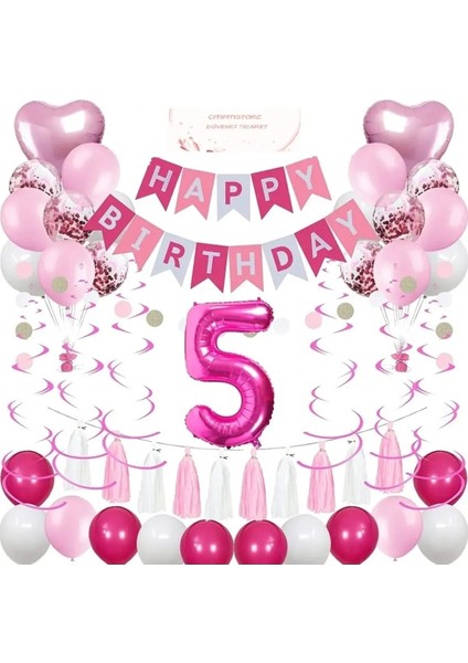 Pembe ve Beyaz 5 Mutlu Doğum Günü Balonlar