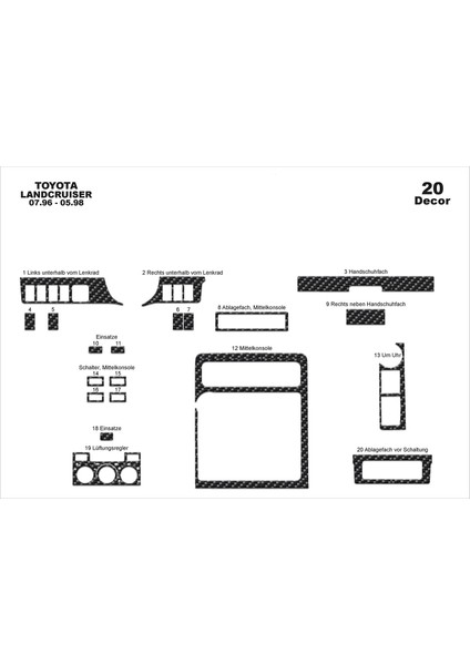 Meriç® Toyota Land Cruiser Ön Torpido Kaplama Maun 20 Parça 1996-1998
