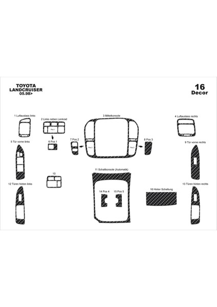 Meriç® Toyota Land Cruiser Ön Torpido Kaplama Maun 16 Parça 1998-2003