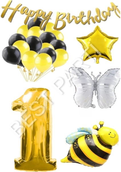 Happy Bırthday Banner ve Arı Kelebek Karakterli Yıldız Folyo Balon Seti Yaş 1