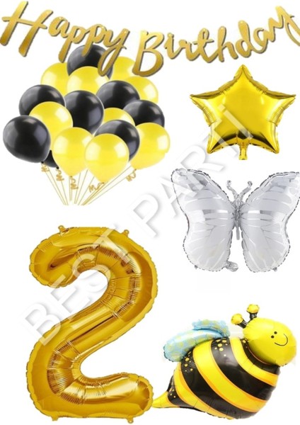 Happy Bırthday Banner ve Arı Kelebek Karakterli Yıldız Folyo Balon Seti Yaş 2