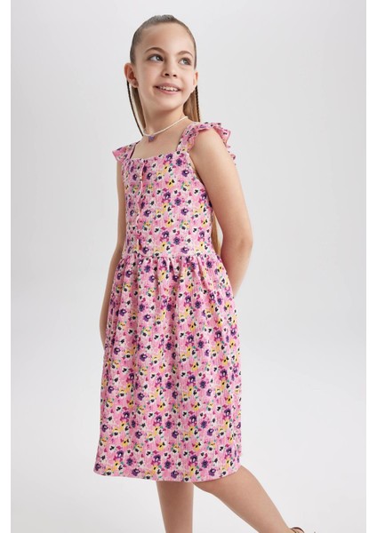Kız Çocuk Çiçekli Kare Yaka Askılı Elbise Y6963A622HS