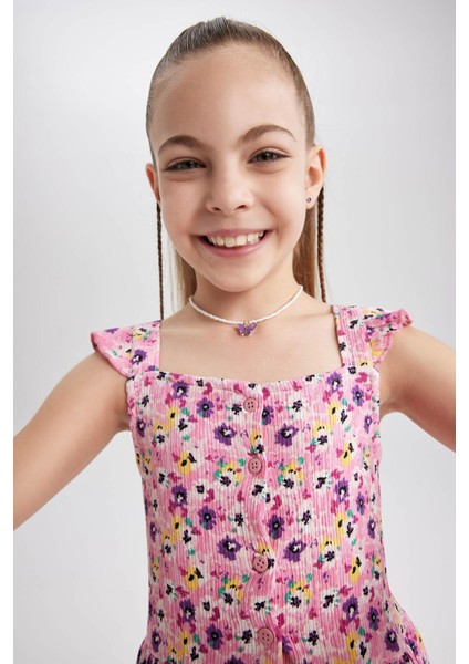 Kız Çocuk Çiçekli Kare Yaka Askılı Elbise Y6963A622HS