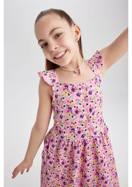 Kız Çocuk Çiçekli Kare Yaka Askılı Elbise Y6963A622HS