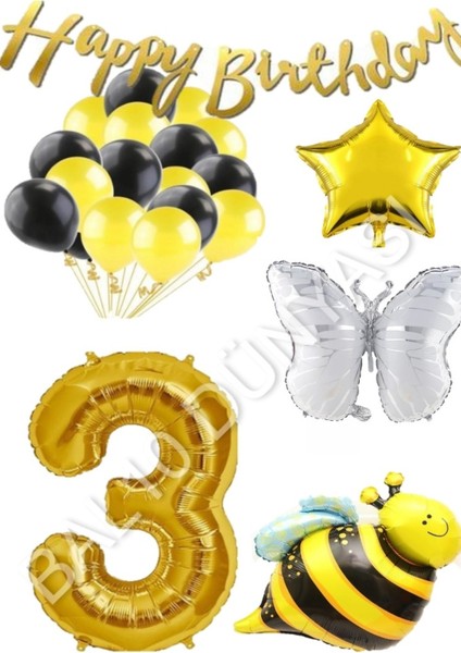 Happy Bırthday Banner ve Arı Kelebek Karakterli Yıldız Folyo Balon Seti Yaş 3