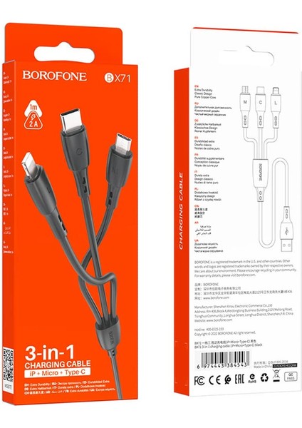 3in1 USB Kablo Lightning + Micro + Type-C 3'ü 1 Arada Lightning/micro-Usb/usb-C Için Şarj Kablosu 1metre 2A Akım BX71 fırsatları
