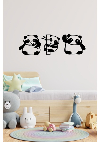 3 Parça Panda Ahşap Tablo Duvar Oda Ev Aksesuarı 100X30CM