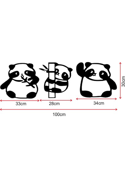 3 Parça Panda Ahşap Tablo Duvar Oda Ev Aksesuarı 100X30CM