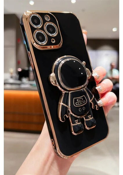 Deilmi Robot Parlak Siyah Iphone 12 Pro Max Uyumlu Özel Tasarım Kamera Korumalı Yumuşak Silikon Stand Luxury Robot Kapak Kılıf