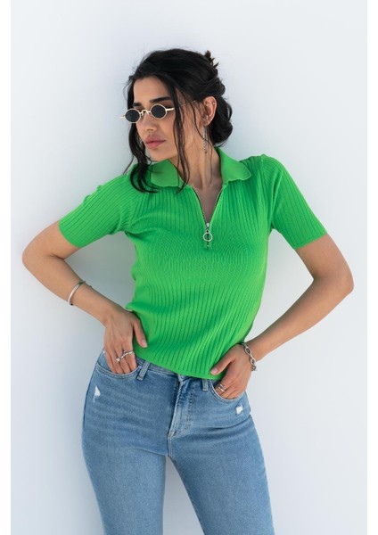 Kadın Yeşil Polo Yaka Fermuarlı Crop