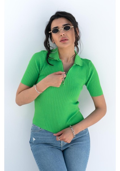 Kadın Yeşil Polo Yaka Fermuarlı Crop