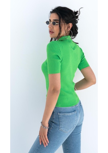 Kadın Yeşil Polo Yaka Fermuarlı Crop