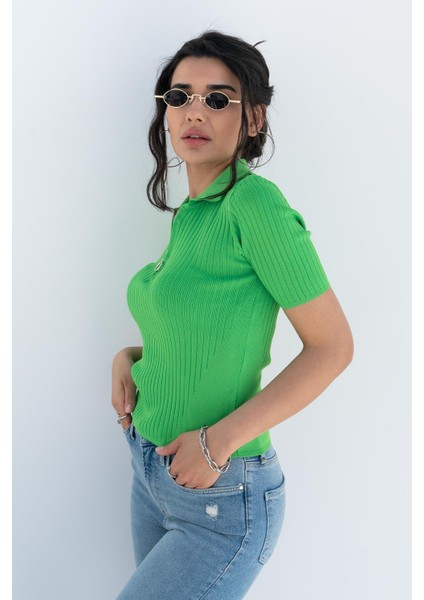 Kadın Yeşil Polo Yaka Fermuarlı Crop