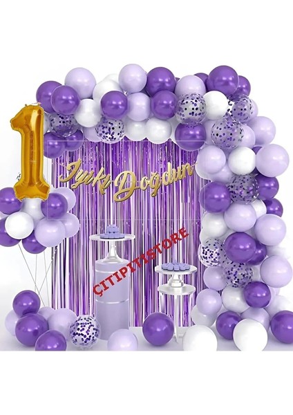 Lüks 1 Yaş Mor Lila Beyaz Doğum Günü Balon Zincir Seti