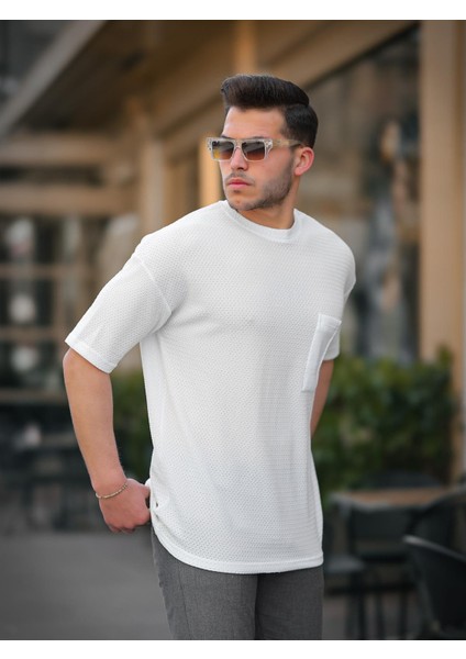 Cep Detaylı Oversize Örme T-Shirt - Beyaz