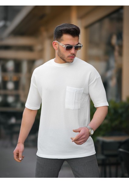 Cep Detaylı Oversize Örme T-Shirt - Beyaz