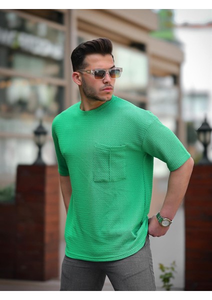 Cep Detaylı Oversize Örme T-Shirt - Yeşil