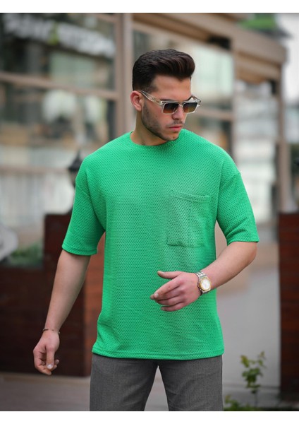 Cep Detaylı Oversize Örme T-Shirt - Yeşil