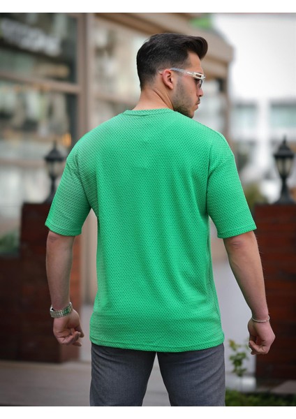 Cep Detaylı Oversize Örme T-Shirt - Yeşil