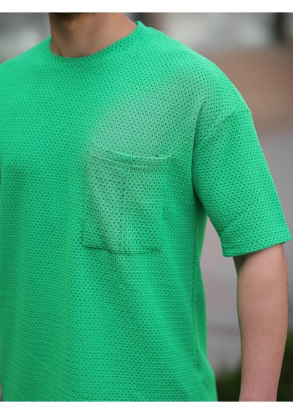 Cep Detaylı Oversize Örme T-Shirt - Yeşil