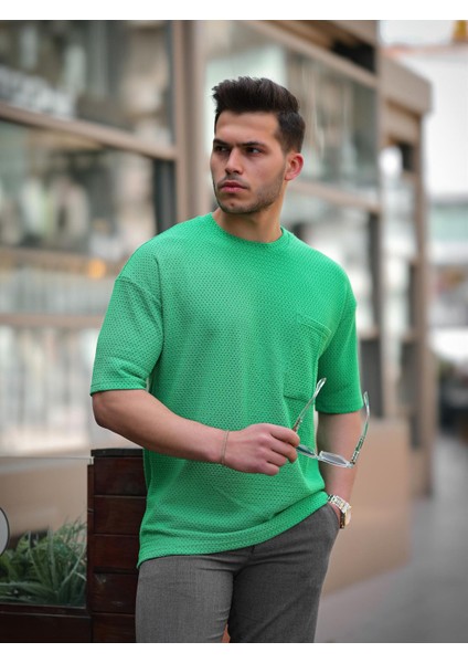 Cep Detaylı Oversize Örme T-Shirt - Yeşil