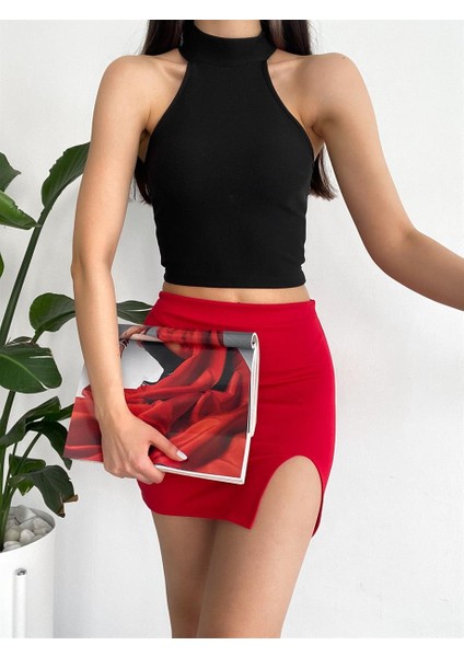 Kadın Ottoman Halter Yaka Likralı Örme Crop Bluz Siyah