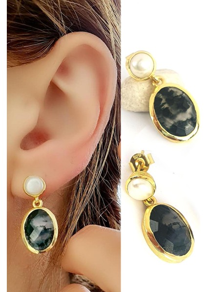 Nci ve Yosun Agat Taşlı 925 Ayar Gümüş Üzerine Altın Kaplama Doğal Taş Küpe