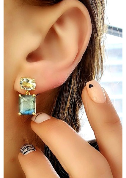 Mavi Topaz ve Labrodorite Taşlı 925 Ayar Gümüş Üzerine Altın Kaplama Doğal Taş Küpe