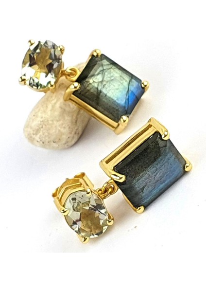 Mavi Topaz ve Labrodorite Taşlı 925 Ayar Gümüş Üzerine Altın Kaplama Doğal Taş Küpe modelleri