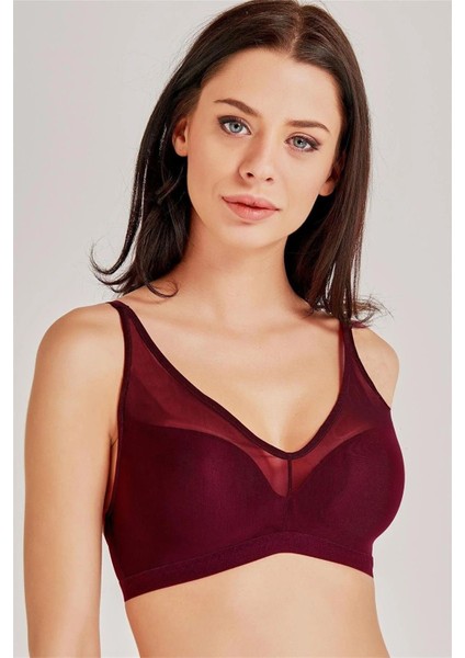 4636 Kadın Balensiz Süngerli Tüllü Sütyen-Bordo