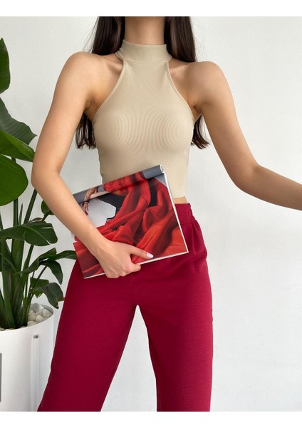 Kadın Ottoman Halter Yaka Likralı Örme Crop Bluz Bej