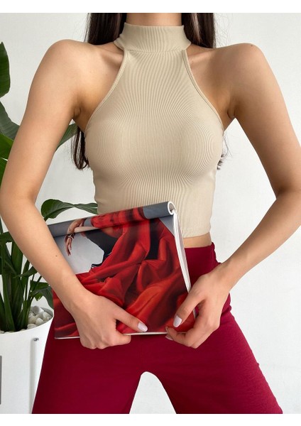 Kadın Ottoman Halter Yaka Likralı Örme Crop Bluz Bej