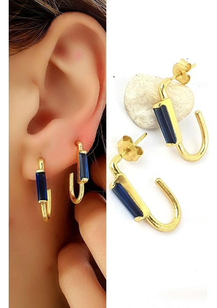 Safir Taşlı 925 Ayar Gümüş Üzerine Altın Kaplama Doğal Taş Halka Küpe