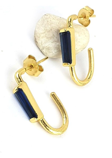 Safir Taşlı 925 Ayar Gümüş Üzerine Altın Kaplama Doğal Taş Halka Küpe modelleri