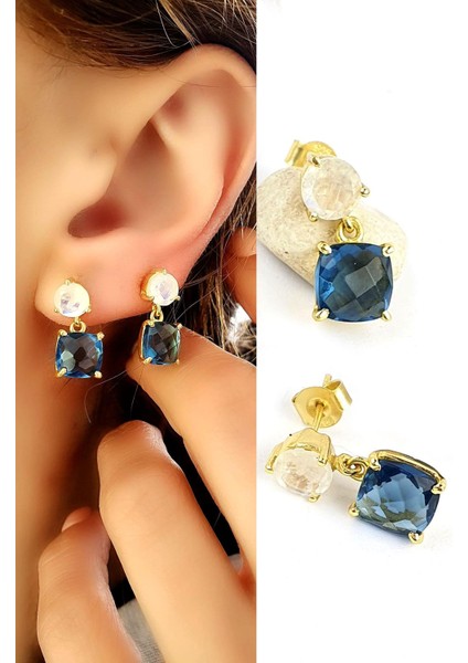 Ay Taşı ve Aquamarin Taşlı 925 Ayar Gümüş Üzerine Altın Kaplama Doğal Taş Küpe