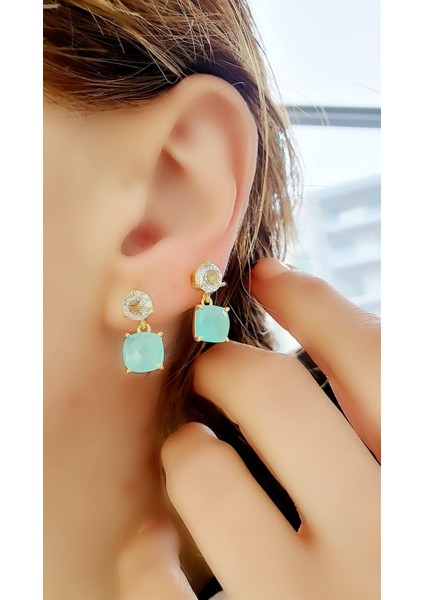 Mavi Topaz ve Kalsedon 925 Ayar Gümüş Üzerine Altın Kaplama Doğal Taş Küpe