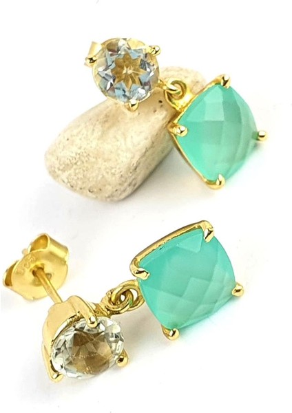 Mavi Topaz ve Kalsedon 925 Ayar Gümüş Üzerine Altın Kaplama Doğal Taş Küpe fiyatları