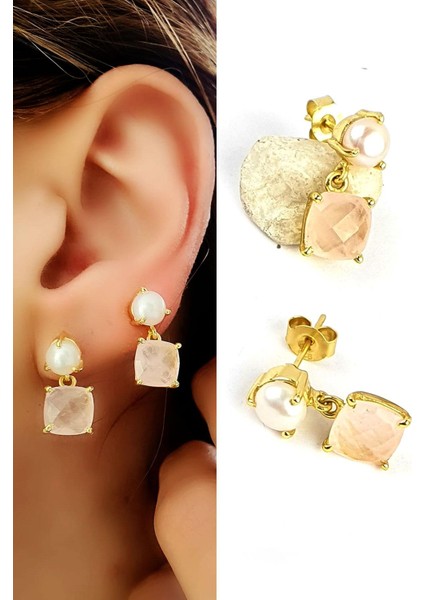 Inci ve Pembe Kuvars Taşlı 925 Ayar Gümüş Üzerine Altın Kaplama Doğal Taş Küpe