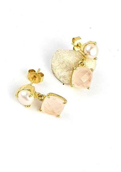 Inci ve Pembe Kuvars Taşlı 925 Ayar Gümüş Üzerine Altın Kaplama Doğal Taş Küpe fiyatları