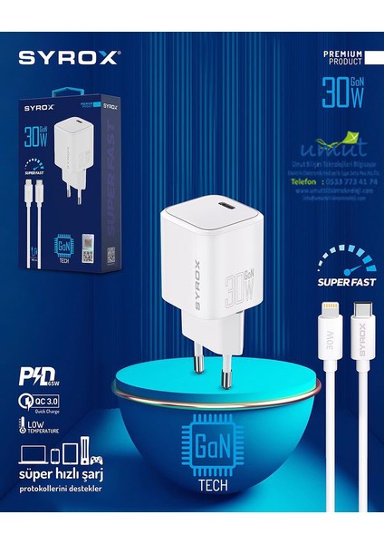 GAN30 Type-C Giriş Başlık & Type-C To Lightning Kablo 30W Quick Şarj Set Superfast Adapter Usb-C Pd
