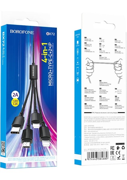 Borofone 4in1 USB Kablo Lightning + Micro + Type-C 4'ü 1 Arada Lightning/micro-Usb/usb-C Için Şarj Kablosu 1metre 2A Akım BX72 (2x Lightning+Type-C+Micro Uçlu Kablo)