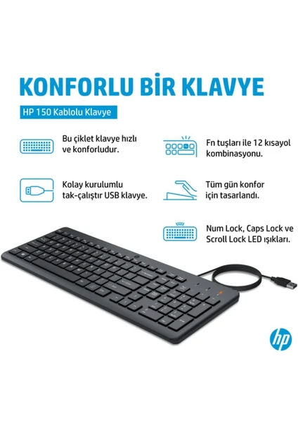 Hp 150 664R5AA Siyah Kablolu Klavye Number Lock,caps Lock ve Scroll Lock Göstergeleri