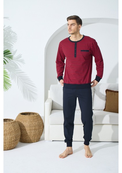 Erkek Yaka Reçme Düğmeli Kol + Paça Manşet Pijama Takım S Beden