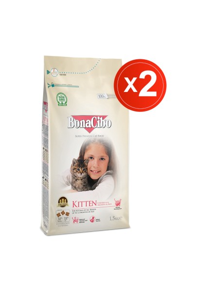 Bonacibo Kitten 1.5 kg x 2 Li - Tavuklu (Hamsi ve Pirinç Eşliğinde) Yavru Kedi Maması