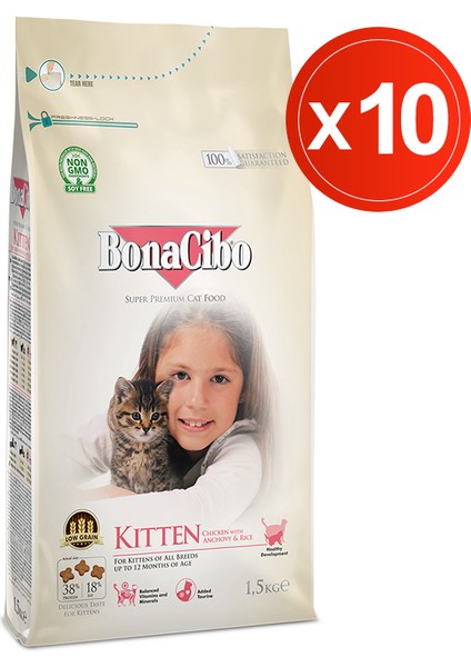 Bonacibo Kitten 1.5 kg x 10 Lu - Tavuklu (Hamsi ve Pirinç Eşliğinde) Yavru Kedi Maması