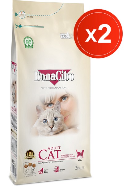 Bonacibo Adult Cat Tavuklu 2 kg x 2 Li - Tavuklu (Hamsi ve Pirinç Eşliğinde) Yetişkin Kedi Maması